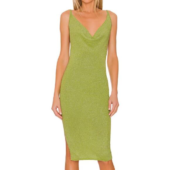 Superdown Sabrina Knit Midi Dress XS Green Metallic Party Cocktail Draped Neck - Picture 6 of 12